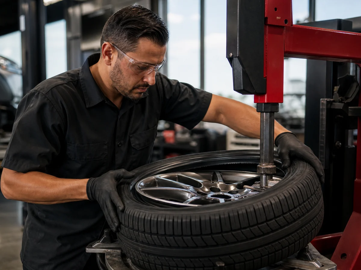 Technician mounting a tire on a Triumph tire changer