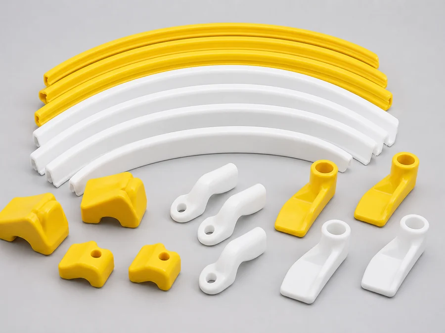 Set of yellow and white plastic rim protectors and guards