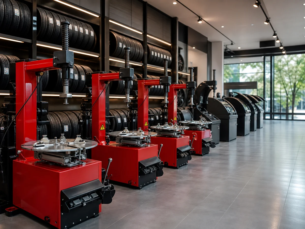 Row of red Triumph tire changers and balancers in a showroom